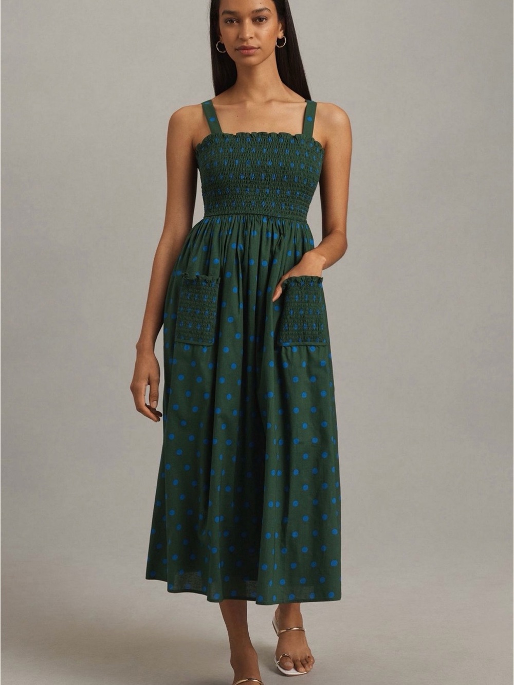 Anthropologie Green Midi Dress with Blue Polka Dots - Picture 4 of 8